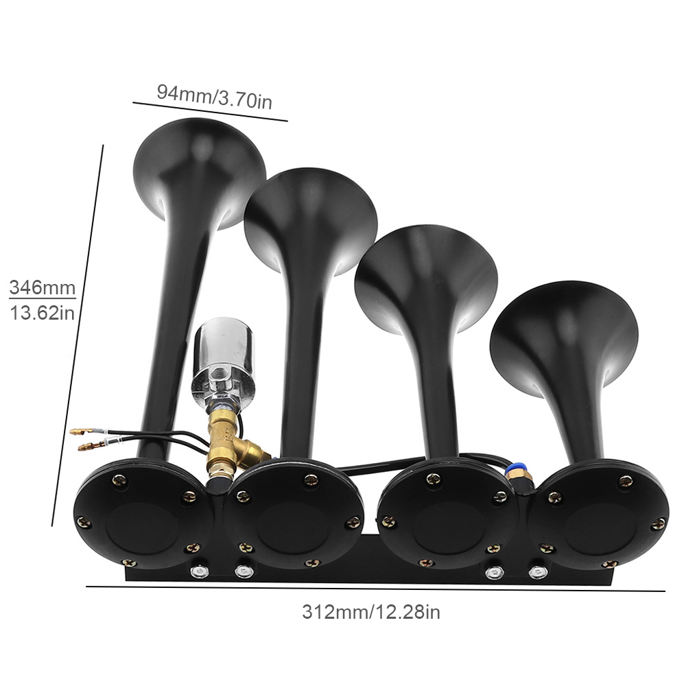 12V / 24V 185dB Silver / Black Super Loud Four Trumpet Car Air Horn for Car Vehicle Truck Train Boat Motorcycle Automobiles