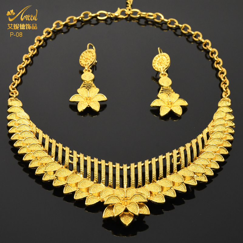 Indian Gold Colour Jewelry Sets Wedding Nigerian Necklace And Earrings 24K Gold Plated Jewellery Bridal Dubai Luxury Party Gifts