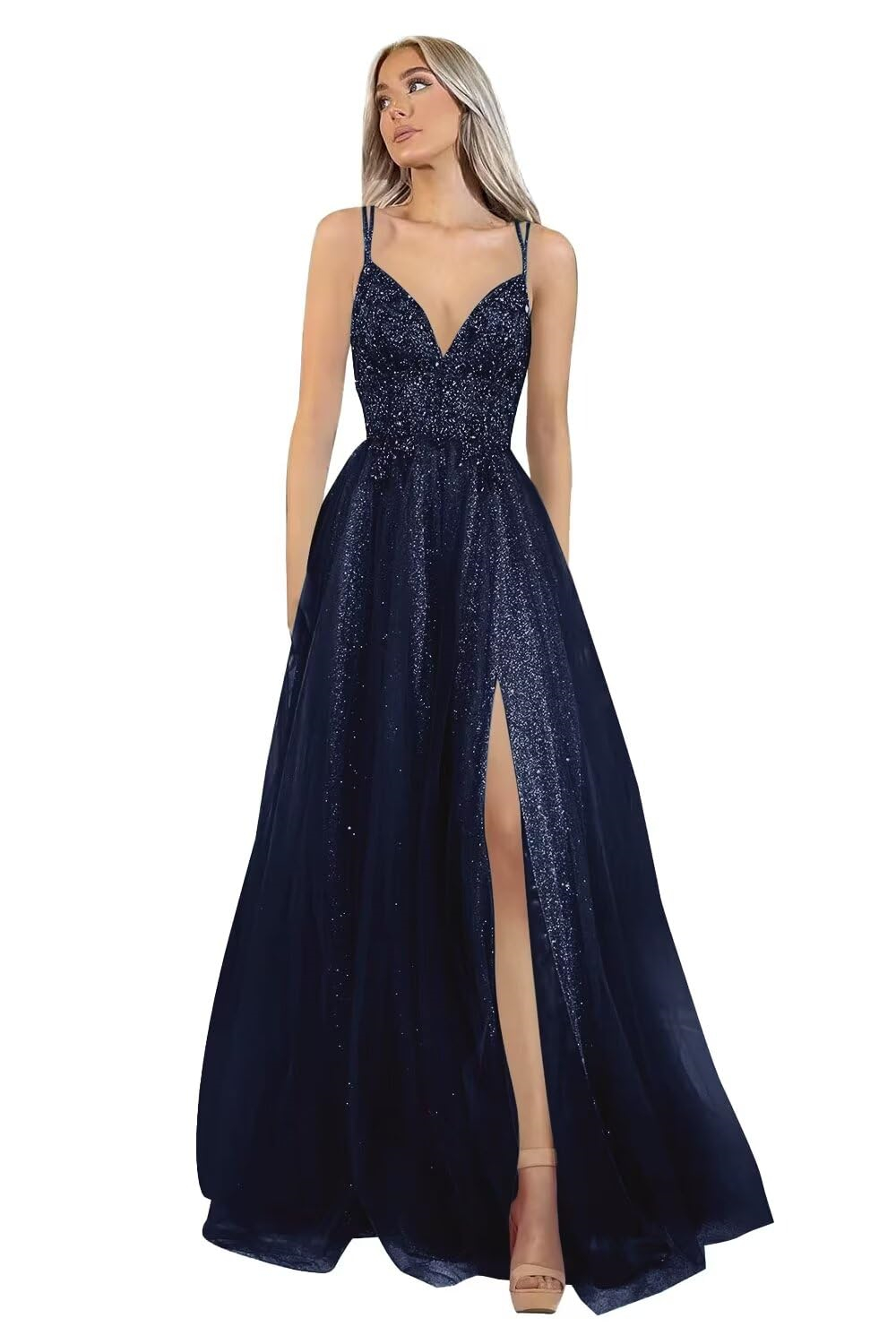 Long Prom Dresses Sequins Beading Deep V-Neck Backless Lace-up Split Tulle A-Line Plus Size Formal Occasion Evening Party Gown Pd22