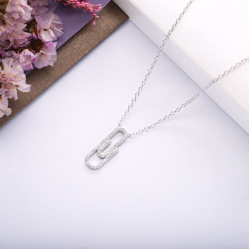 Moonmory 100% 925 Sterling Silver Crystal Paperclip Pendant Necklace For Women Fine Neck Chain Adjustable Jewelry Christmas Gift