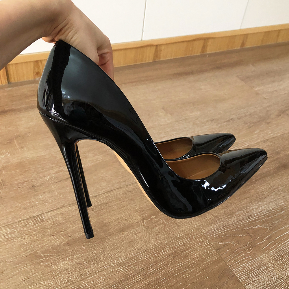 Veowalk 14cm Extremely High Heel Women Black Patent Pointy Toe Stiletto Pumps Sexy Crossdresser Shoes Ultra Large Size 41 47 48