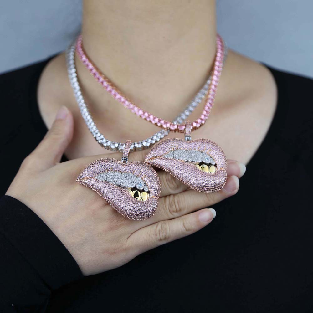 Hip Hop ice Big Pendant Micro Pave Pink Cz White Yellow Tooth 5A Zirconia Tennis Chain Drip Lip Pendant Necklace
