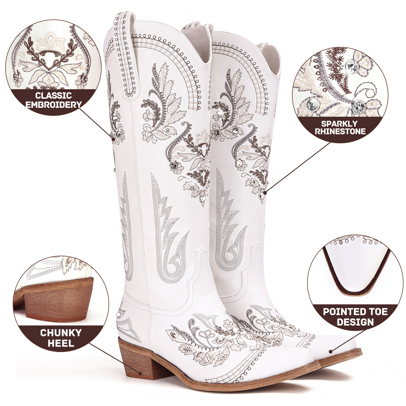 Knee High Western Cowgirl Boots, Sparkly Rhinestone Retro Country Boots with Classic Embroidered, Pointed Toe Chunky Heel Pull on Vintage Tall Boots