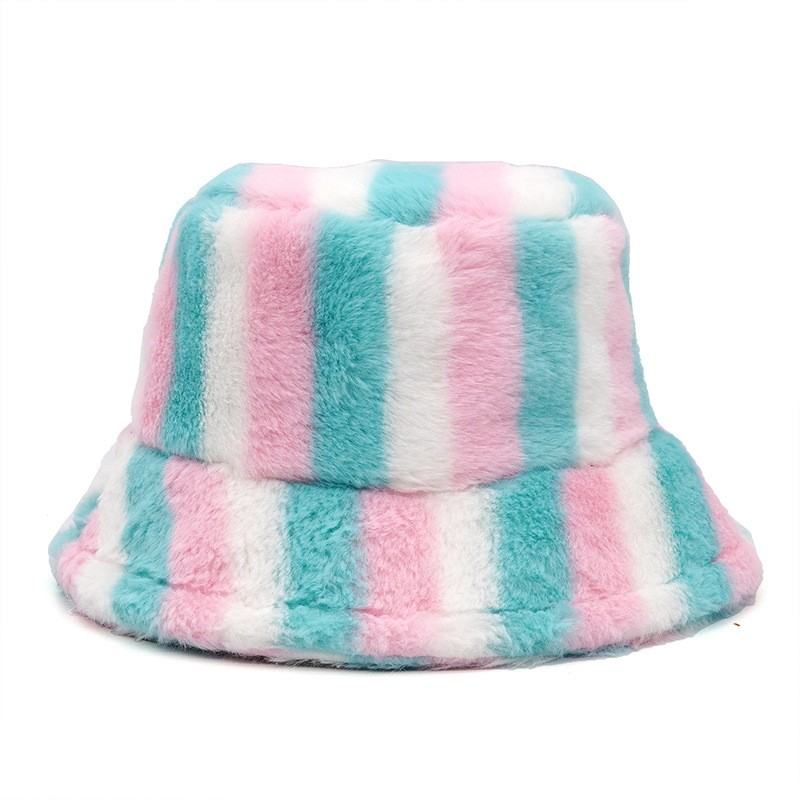 Autumn Winter Faux Fur Rainbow Striped Womens Bucket Hats Thick Warm Lady Fluffy Panama Hats Outdoor Velvet Fisherman Hats