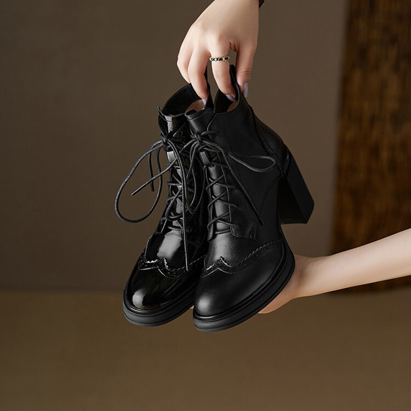 NEW Spring Round Toe Chunky Split Leather For Women High Heel Platform Boots Elegent Ladies Shoes 68