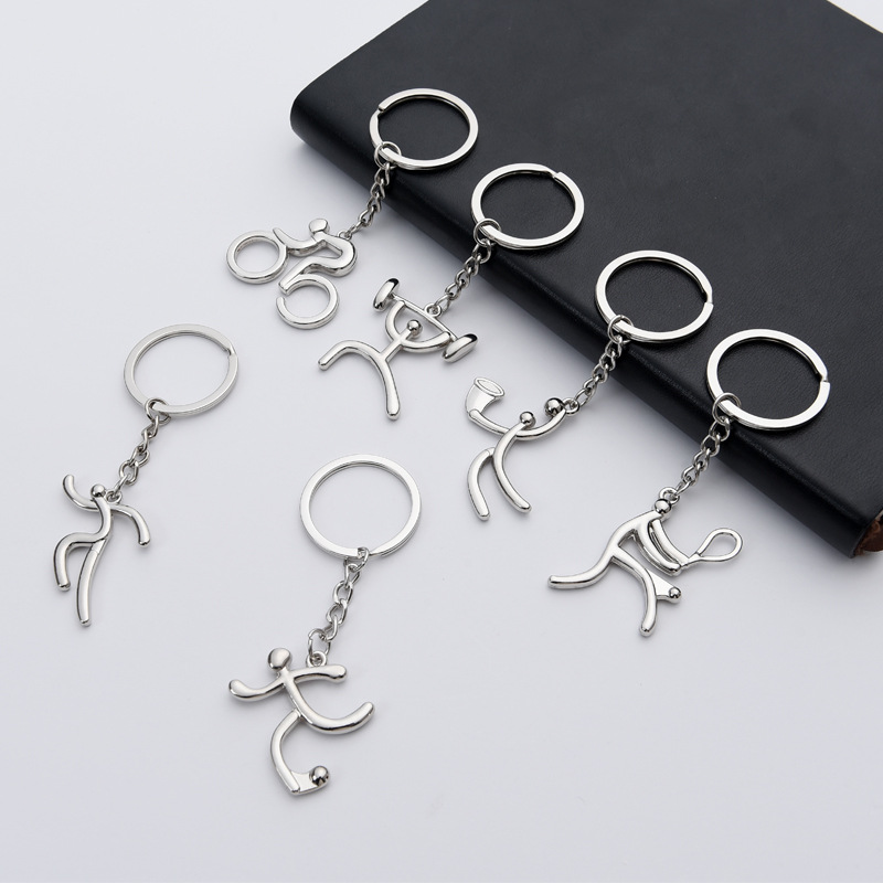 Sport Series Metal Keychain Sporty Man Cycling Figure Keyring Trinket Soccer Weightlift Play Tennis Basketball Souvenir Men Gift