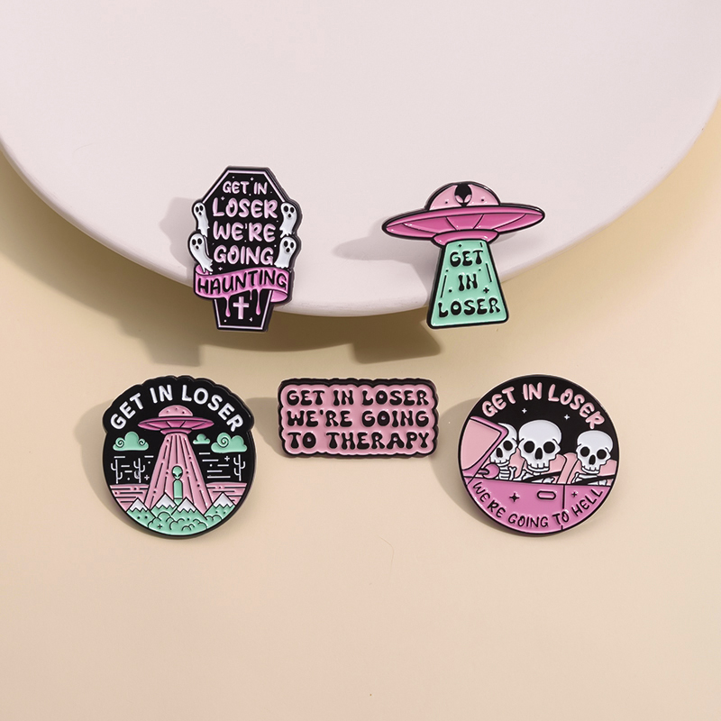 5pcs Pink Alien Letter Short Sentence Surrounding Pins Customized Brooch Lapel Badge Interesting Jewelry Gift for Children and F