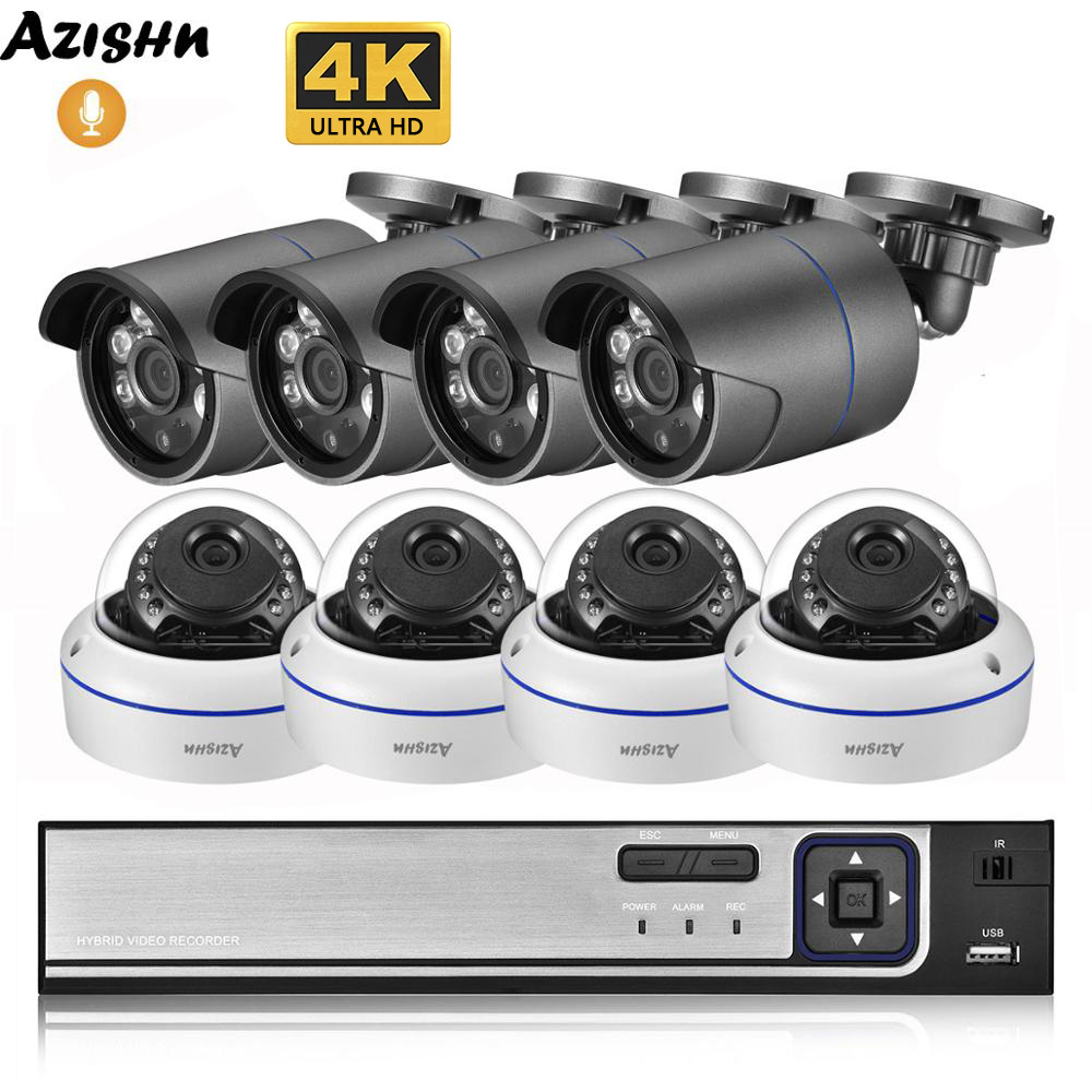 AZISHN 4K Ultra HD 8MP Security Camera System h.265 POE NVR Kit CCTV Outdoor Metal White Dome Video Surveillance IP Camera Set