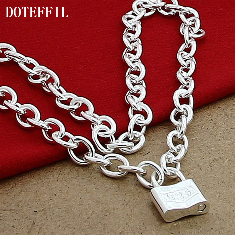 DOTEFFIL 925 Sterling Silver Square Lock Pendant Necklaces 18 Inches Chain For Women Lovers Wedding Party Jewelry