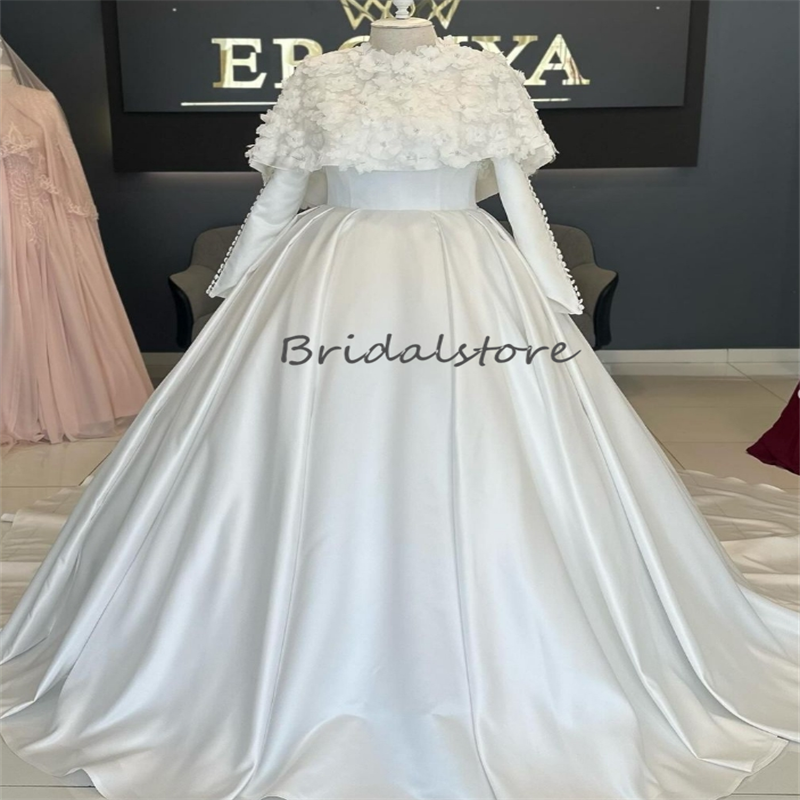 Islamic Muslim 3D Florals Wedding Dresses 2024 Dubai Arabian Turkish Bridal Gowns Long Sleeve A Line Satin Church Bride Dress Vestio De Novias Robe De