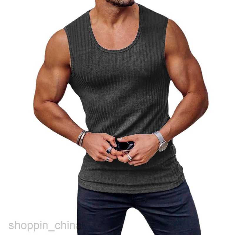 Men's T Shirts Summer Knitted Vertical Fitness Sports Leisure Slim Fit Tank Top for Male Sleeveless Wide Shoulder Tank Top for Men tees tops