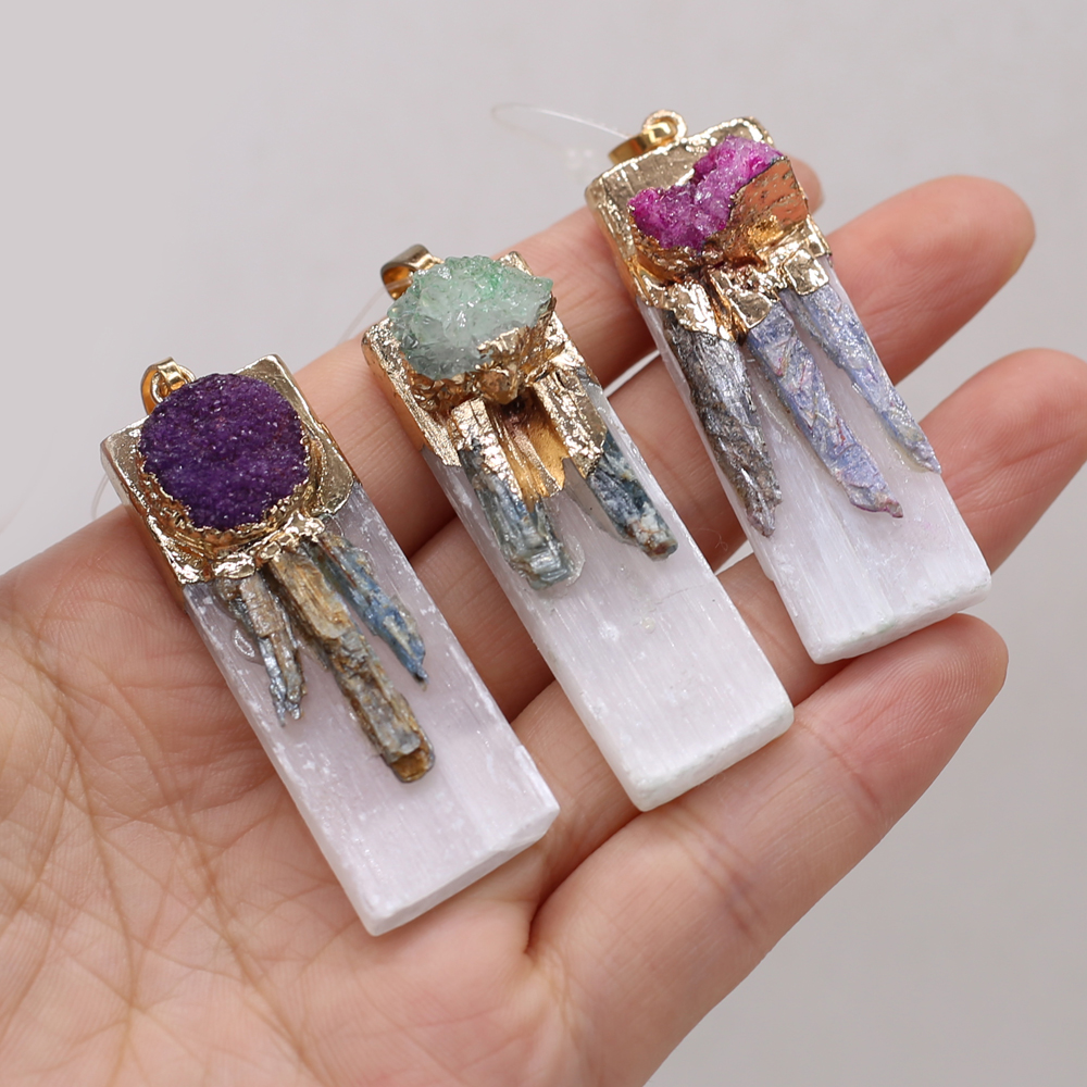Natural Semi-precious Stone Agates Pendant Rectangle Crystal Druzy Charms for Handmade Necklace Jewelry Making DIY Accessories