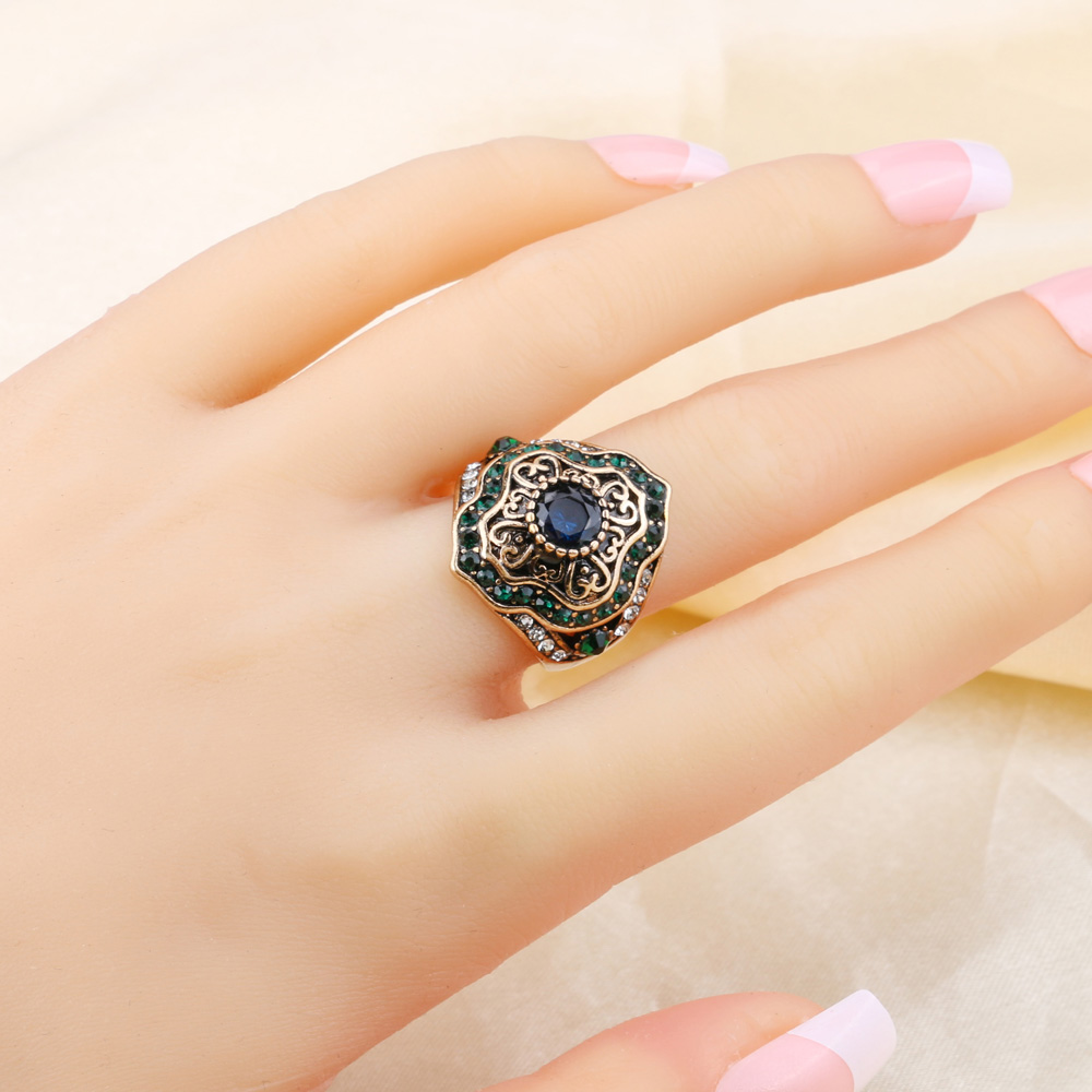 Kinel New Arrival Vintage Wedding Blue Stone Rings For Women Antique Gold Color Inlaid Green Crystal Boho Jewelry