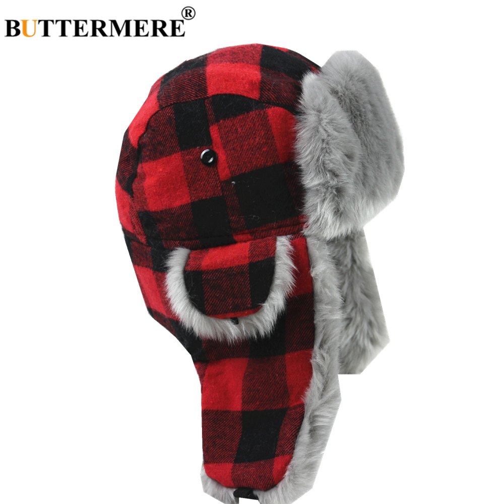 BUTTERMERE Winter Hats for Men Women Red Plaid Trapper Hat Earflap Cashmere Warm Thick Hunter Snow Ski Brand Fur Russian Cap