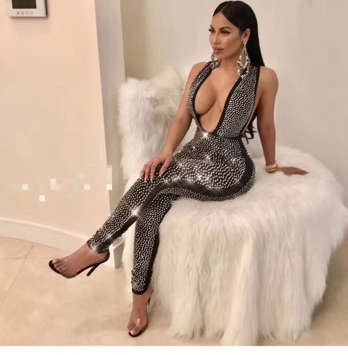 Black Elegant Sequin Jumpsuit Women Sleeveless Office Overalls Female Sexy Deep V-Neck Party Club Bandage Jumpsuits