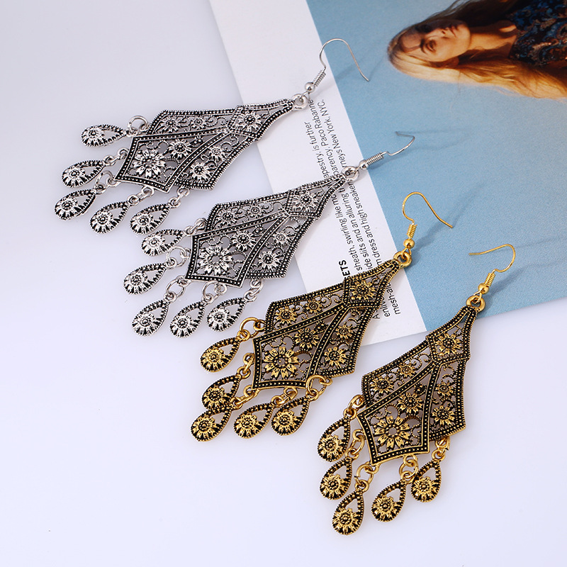 Vintage Ethnic Long Water Drop Tassel Earrings for Women Indian Gold Silver Color Hollow Flower Carved Dangle Earrings Jewelry