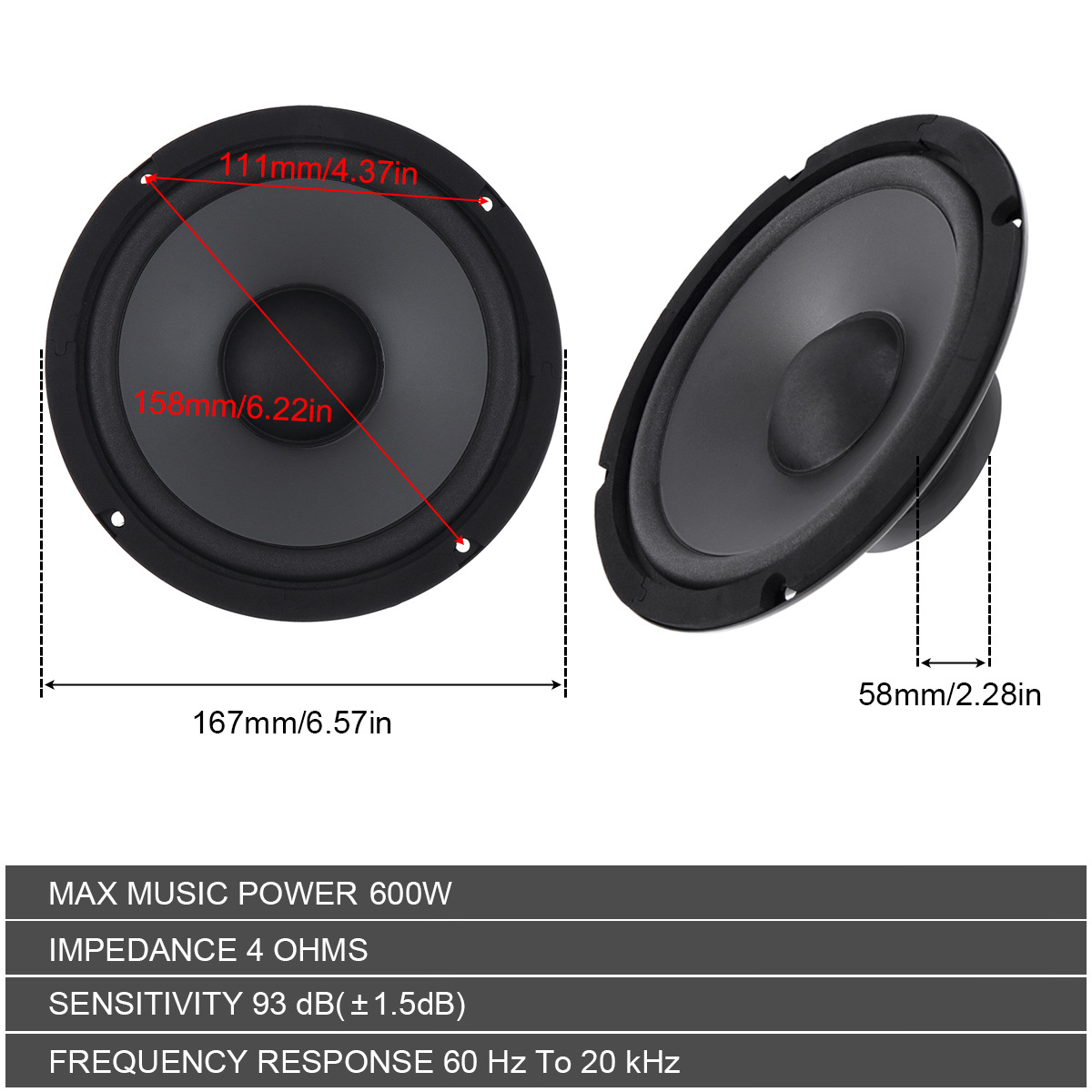 6 Inch 600W Car Speakers 2-Way Full Range Frequency Automotive Audio Music Stereo Speaker Auto Door Subwoofer