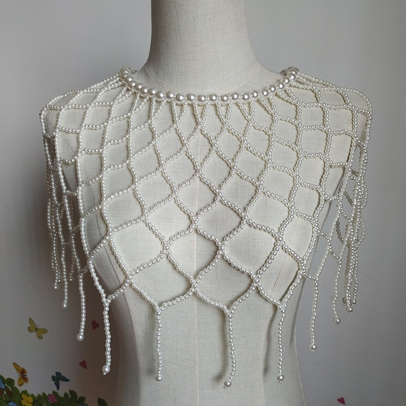 Women Layered Fake Collar Pearl Bib Necklace Ruffle Collar With Beads Pearl Collar Tassel Jewelry Necklaces And Shoulder Chain