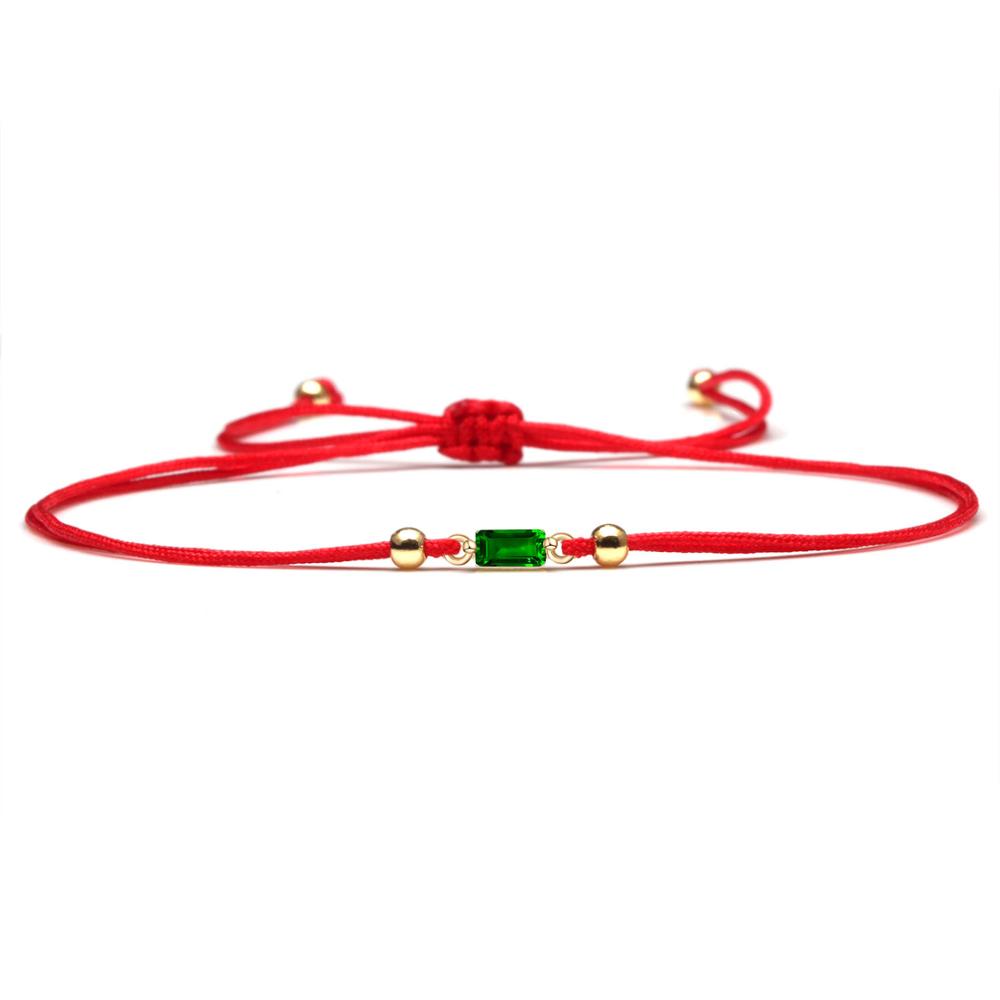 Mini Green Stone CZ Copper Charm Red String Handmade Bracelet Women Girl Small Exquisite Shiny Rectangle Cubic Zirconia Jewelry