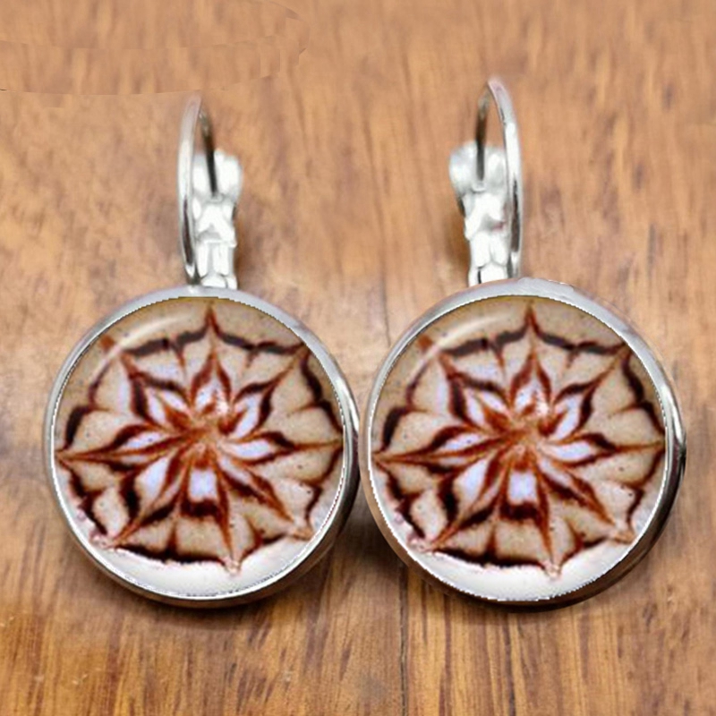 Coffee latte carving love art glass earrings chocolate print flower four leaf clover glamour jewelry gift for women girls