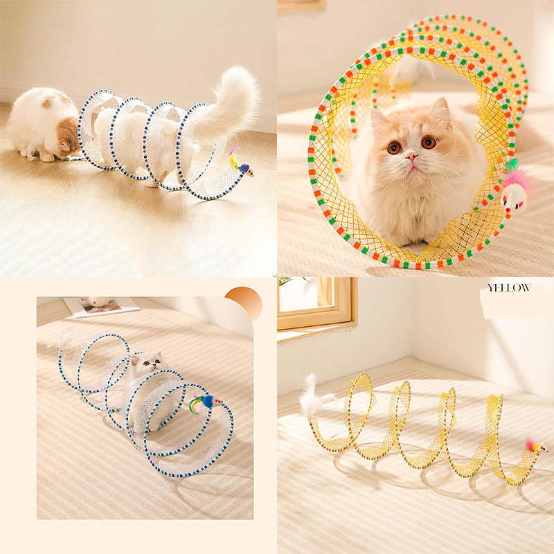 Folding Cat Tunnel S-Shaped Spring Cat Tunnel Plush Mouse Feather Toy Spiral Tunnel Interactive Cat Toy Cat Tunnel Pet Toy