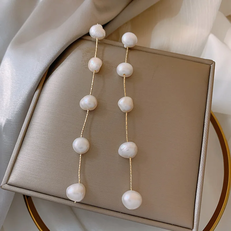 Minar Elegant Irregular Freshwater Pearl Earring for Women Gold Color Chain Thread Long Tassel Dangle Earrings Wedding Jewelry