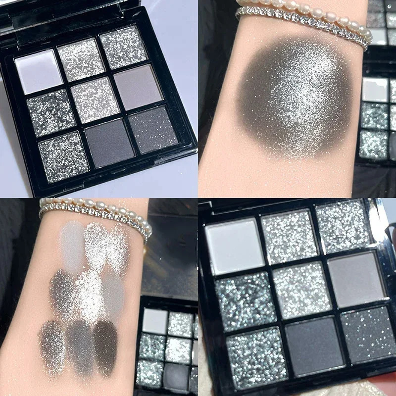 9 Colors Punk Smokey Matte Glitter Eyeshadow Palette Shimmer Eye Shadow Makeup Palette Cool Toned Gray Black Eye Pigment Palett 240624