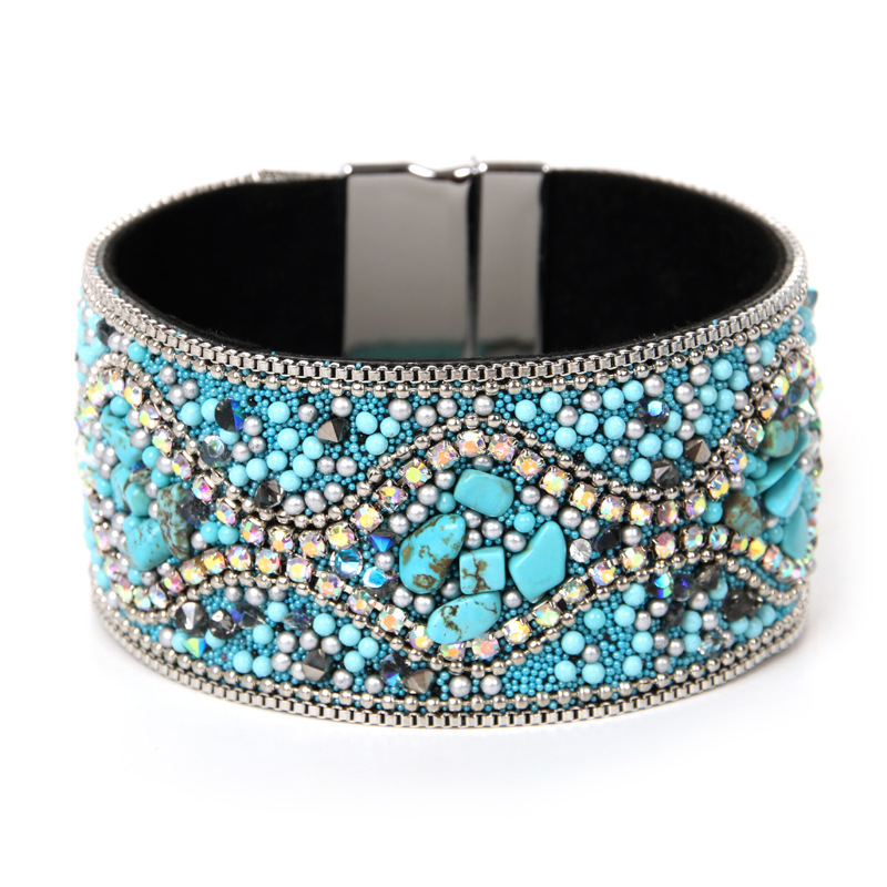Bohemian Retro Ladies Bracelet Punk Wind Turquoise Rhinestone Handmade Beaded Charm Female Bracelet Cuff Jewelry Female