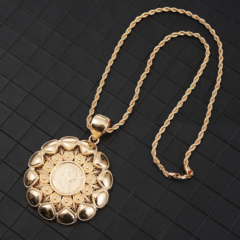 Gold Plated Pendant Necklace for Women, Moroccan Jewelry, Open, Metal, Arabesque Leaf, Long Chain, Wedding, Hip Hop, Ladies