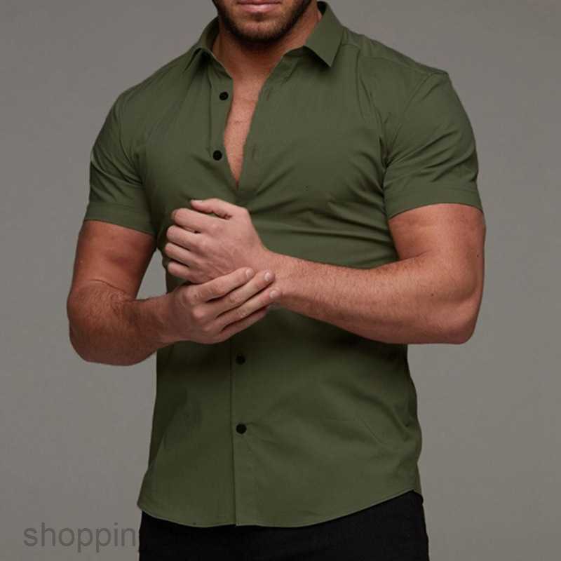 Men's Casual Shirts Muscle men fitness short sleeve Lapel shirt elastic thin pure color sports leisure cardigan business iron shirt fashion tops