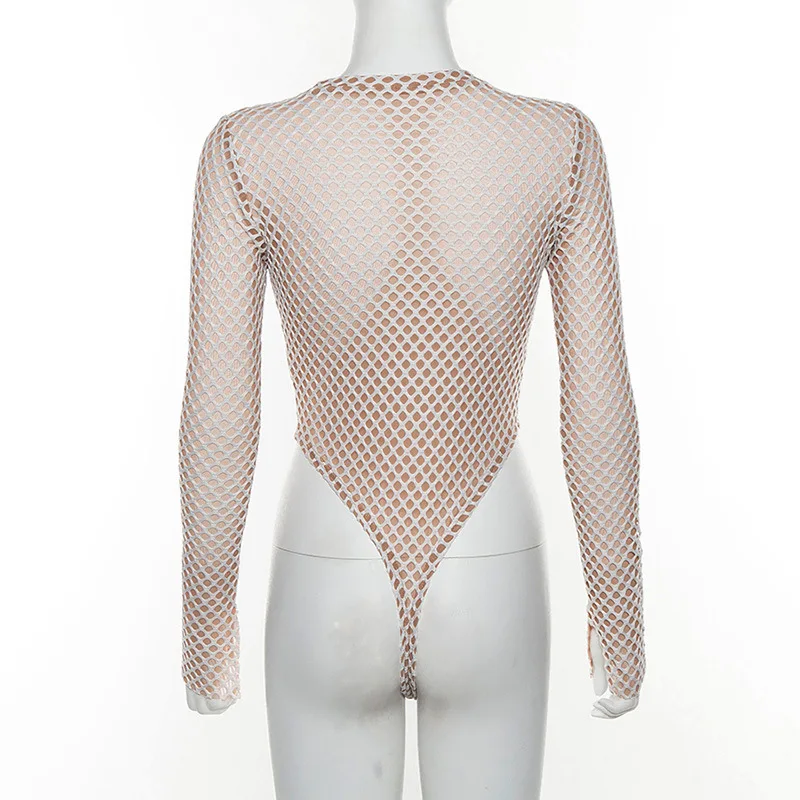 Bangniweigou fishnet mesh rompers women slit long sleeve semi-transparent bodysuit short jumpsuit overalls autumn winter