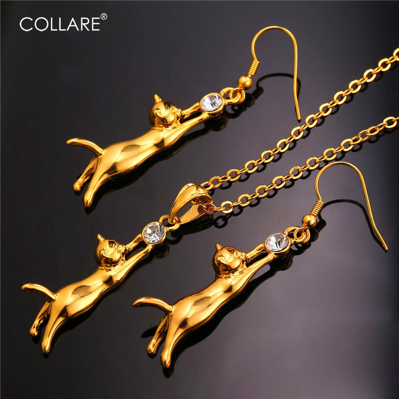 ChainsPro Cat Jewelry Sets For Women Crystal Rhinestone Animal Jewelry Gold/Silver/Black Color Cute Earrings Necklace Set S128
