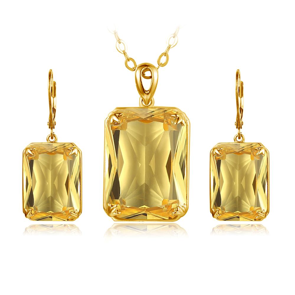 Szjinao 14K Gold Jewelry Set For Women Shiny Rectangle Yellow Crystal Pendant Earrings With Lever Backs Real Silver 925 Jewelery