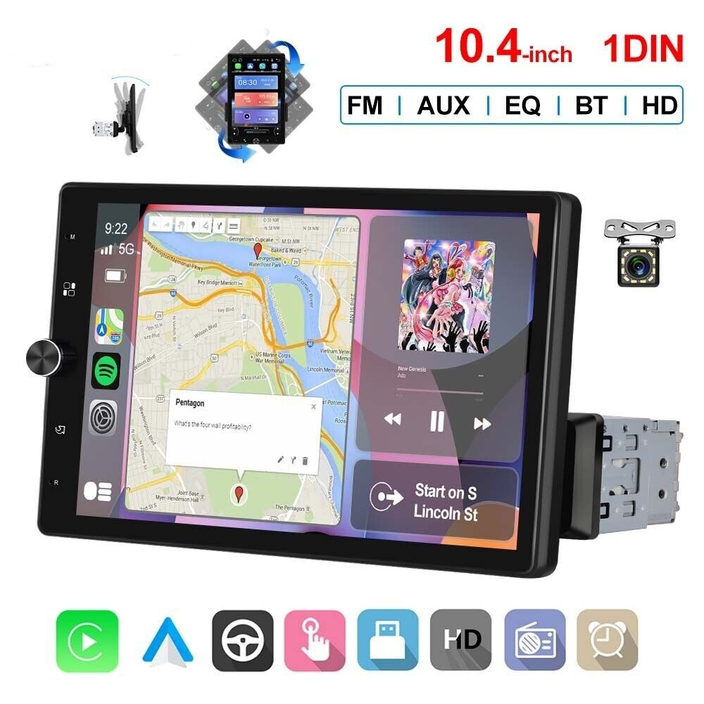 1 Din 10.4 inch Car Radio Multimedia Player Wired Carplay Android Auto Audio Stereo Bluetooth FM Anticlockwise Rotate 90° WINCE
