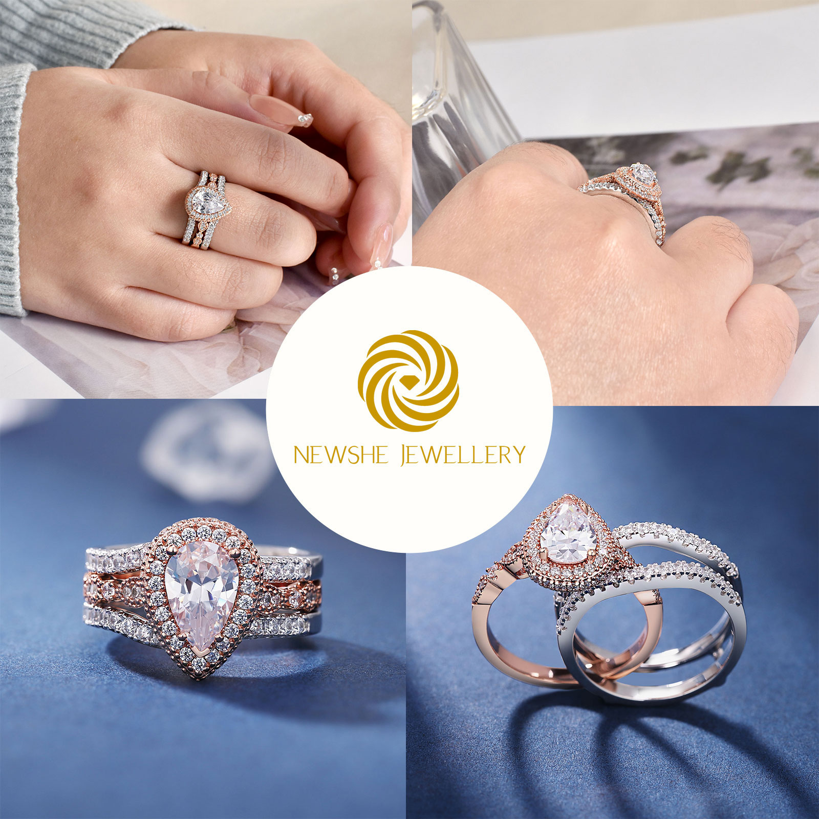 Newshe Yellow & Rose Gold 925 Sterling Silver Pear Shaped Engagement Ring Enhancer Wedding Band Simulated Diamond AAAAA CZ