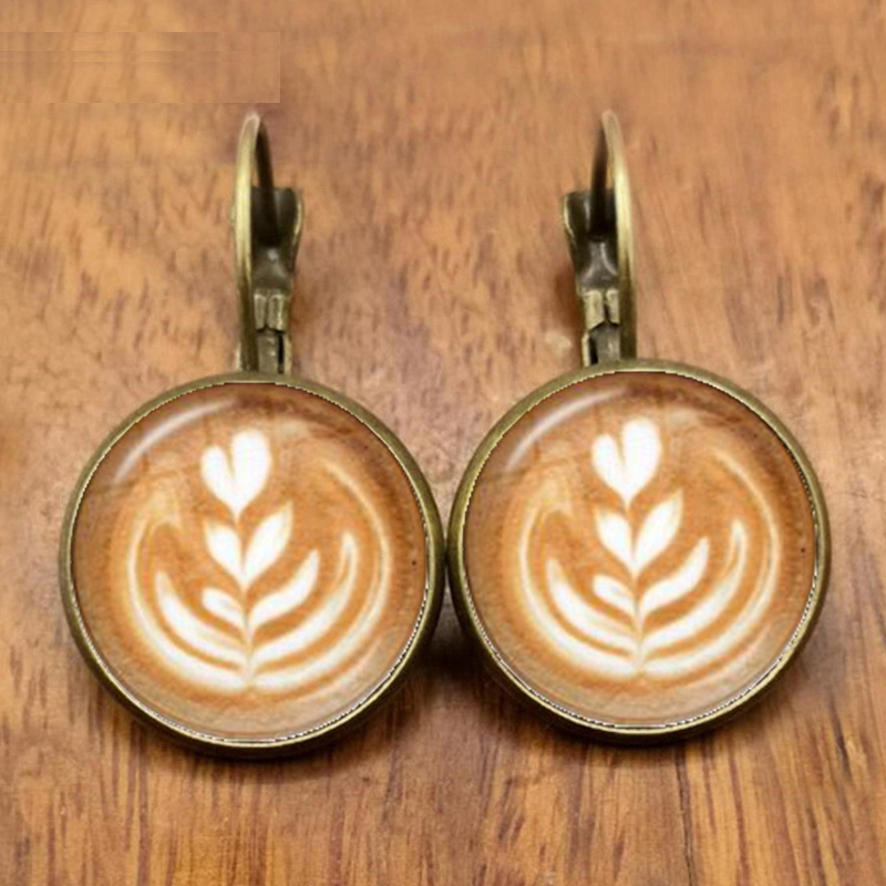 Coffee latte carving love art glass earrings chocolate print flower four leaf clover glamour jewelry gift for women girls