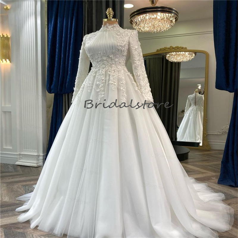 Dubai Muslim Wedding Dresses 2024 High Neck Long Sleeve Lace Boho Bridal Dress Elegant A Line Tulle Beaded Turkey Islamic Bride Dress Church Women Rob
