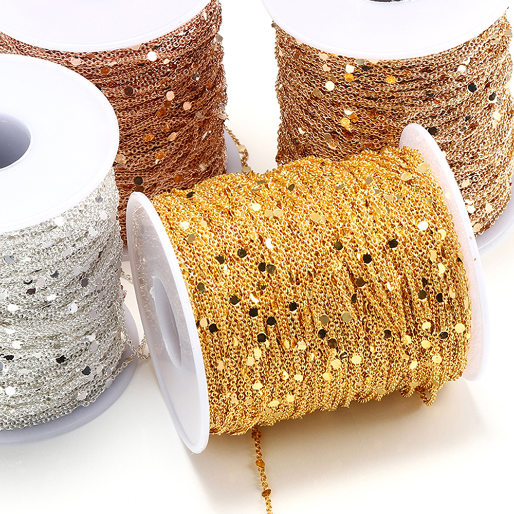 10Meters/Roll Sequins Chain Gold Silver Necklace Chain Copper Cable Chains Jewelry Making Components Bracelet DIY Wholesale