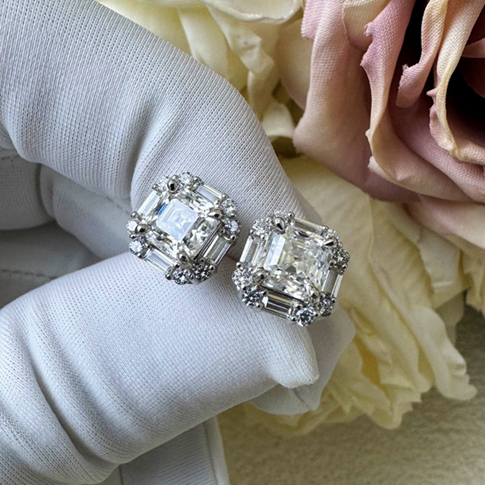 Vinregem GRA 3EX VVS D Color Asscher Cut 6*6MM Real Moissanite Diamond Gems Studs Earrings for Women 925 Sterling Silver Jewelry