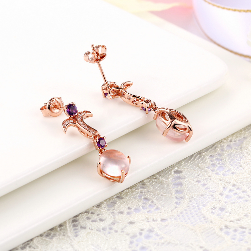 MoBuy MBEI010 Oval Natrual Gemstone Rose Quartz Drop Earrings 925 Sterling Silver Gold Plated Amethyst Fine Jewelry For Women