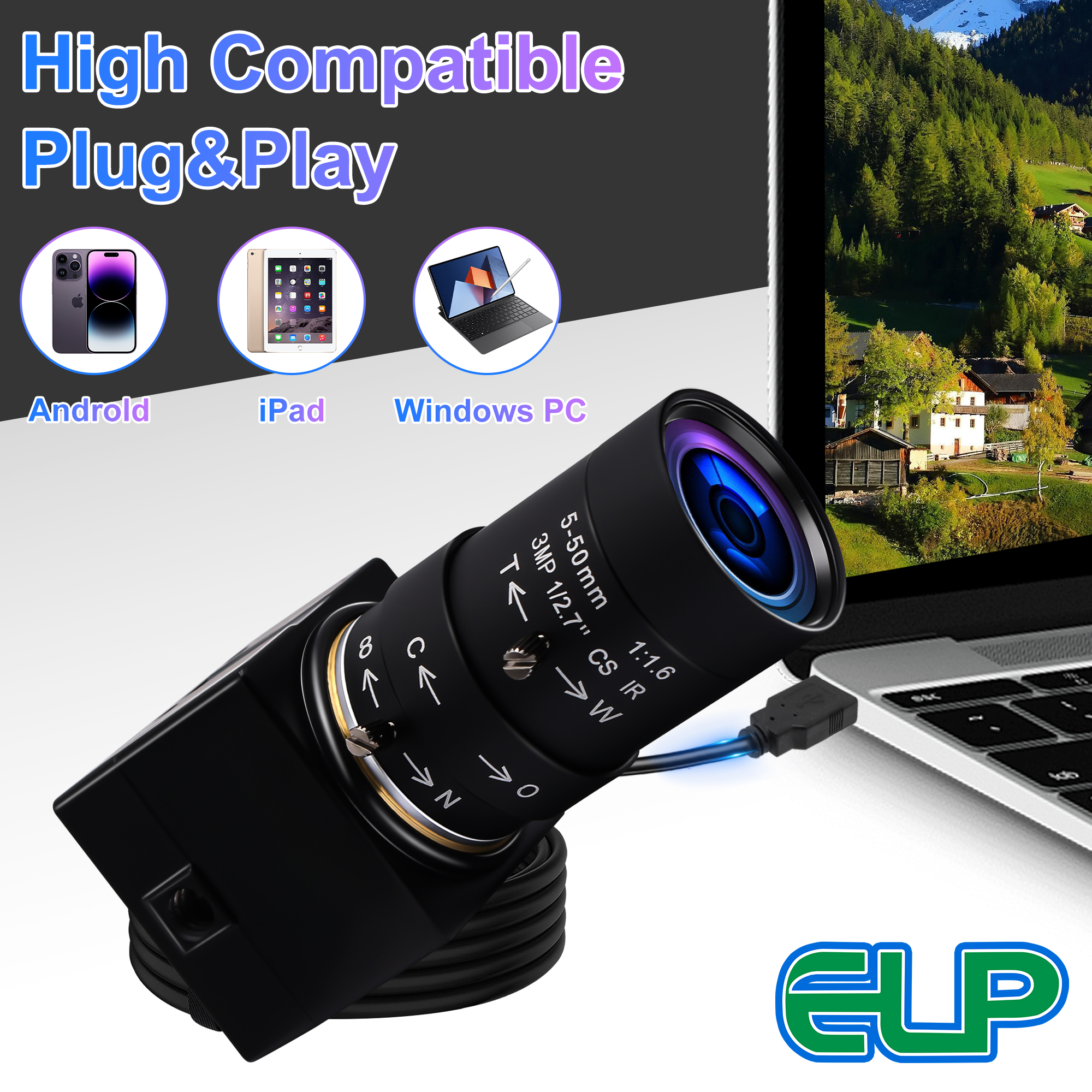 ELP 16MP 10X zoom camera micro USB webcam driver free Plug and Play with CS 5-50mm varifocal lens
