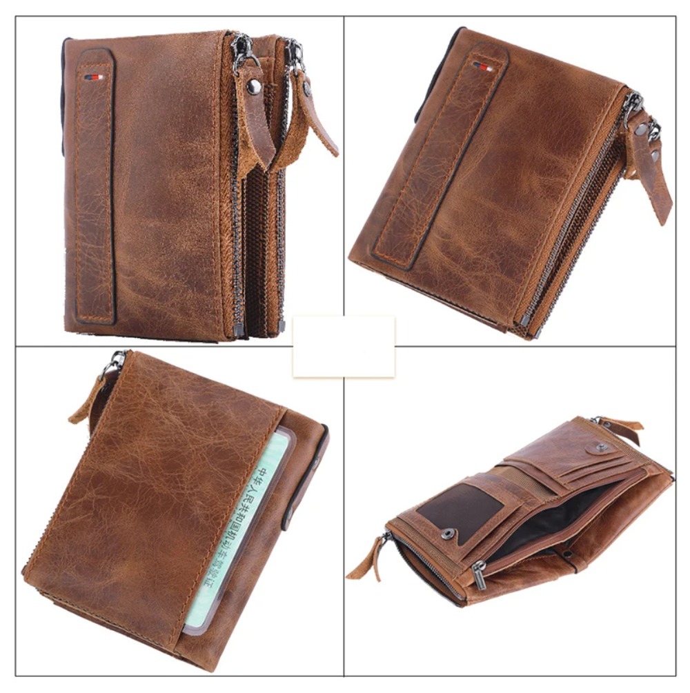 Genuine Leather Men's Wallets Short Luxury Designer RFID Credit Card Holders for Men Zipper Coin Wallet Crazy Horse Handbag