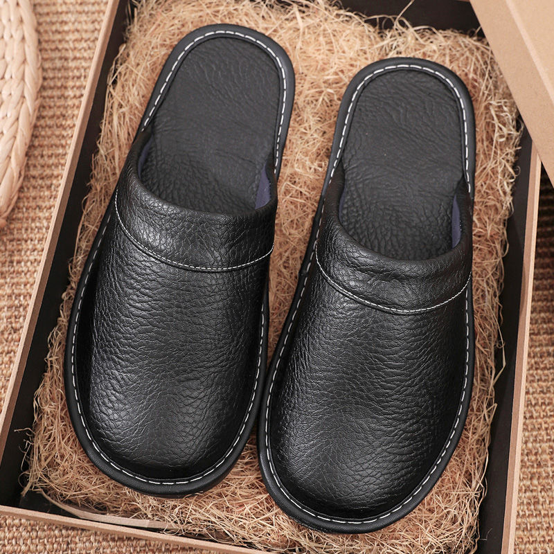 Concise Faux Leather Slippers Men's Warm Shoes Indoor Fur Slides Mules Home Guest Slipper Big Size 47 48 Man Husband Plush Shoe