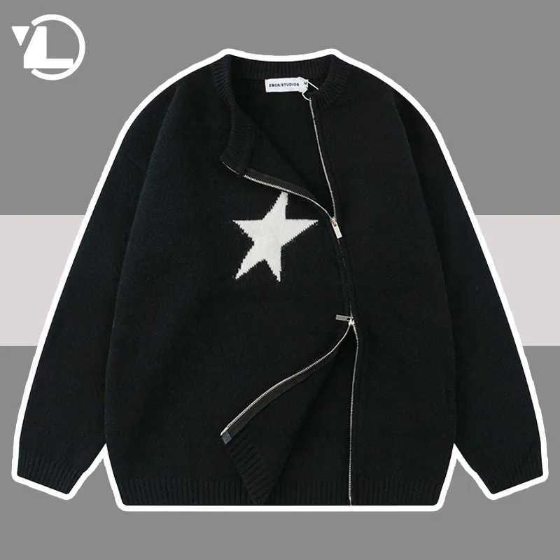 Men's Sweaters Vintage Star-print Knitted Sweaters Lrregular Zip Cardigan Men Women Loose Knit Tops Casual Jumpers Autumn Jacket Strtwear Y240622