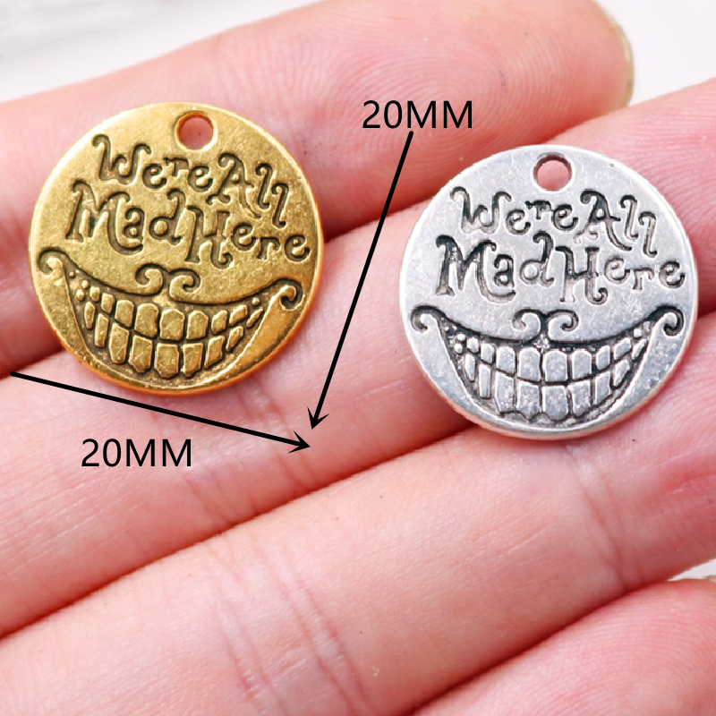 10pcs Silver Plated/Gold Plated We're All Mad Here Movie Tags Pendant DIY Charms Jewelry Crafts Making 20mm A366