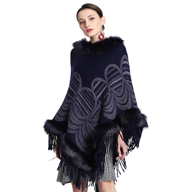 Winter Women Long Triangle Faux Cashmere Oversize Round Pattern Streetwear Shawl Knitted Poncho Cape Fur Loose Tassel Pullover