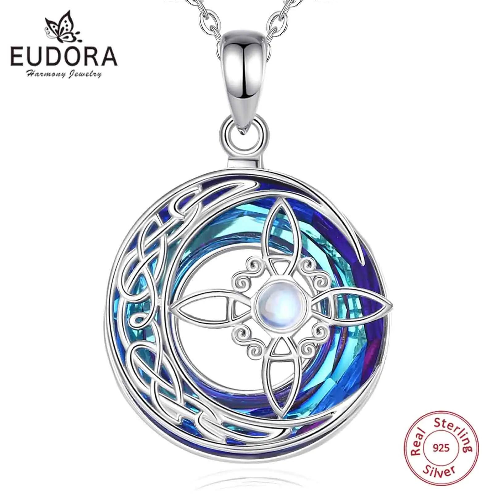 Eudora 925 Sterling Silver Witch Knot Necklace Austrian Crystal Moonstone Knot Amulet Necklaces Witchcraft Jewelry for Men Women