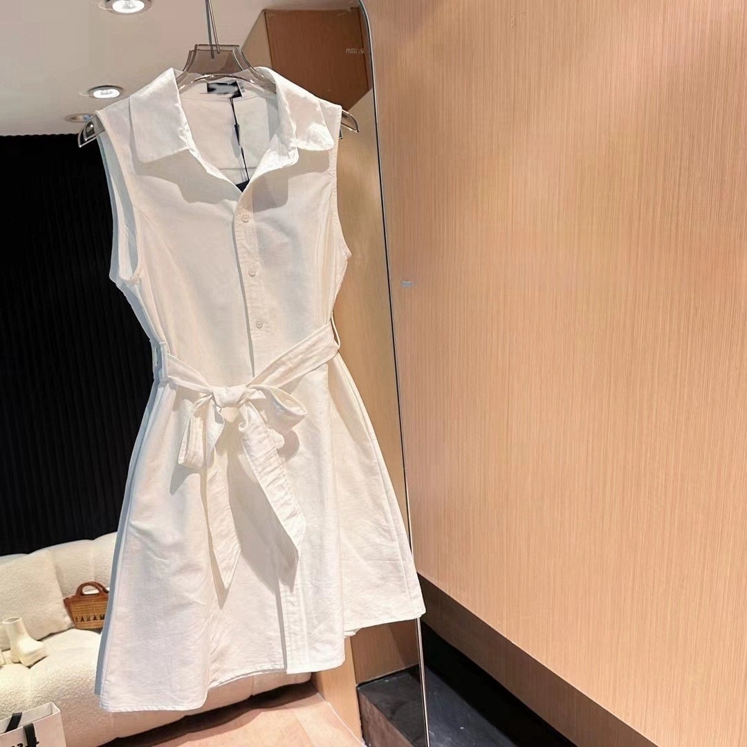 Designer Sleeveless Slimming Belt Casual Summer Shirtdress Vest White Dress Preppy Embroidery Oxford Cloth Cotton Lace Up Dress.