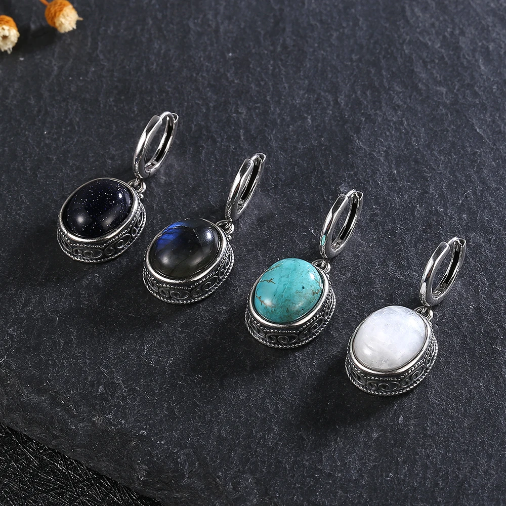 925 Sterling Silver Oval Natural Moonstone Hoop Earrings for Women Simple Vintage Turquoise Labradorite Ear Jewelry Wedding Gift