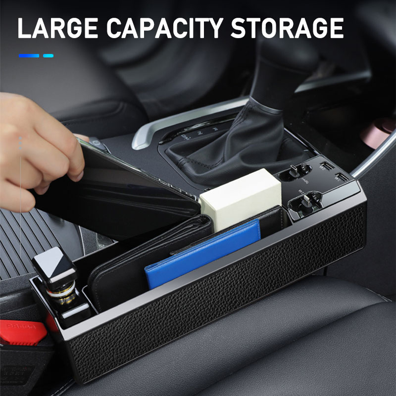 Car Organizer with Charger Cable Car Seat Gap Storage Box with Cable for IOS/Android/Type C Dual USB Port Auto Stowing Tidying